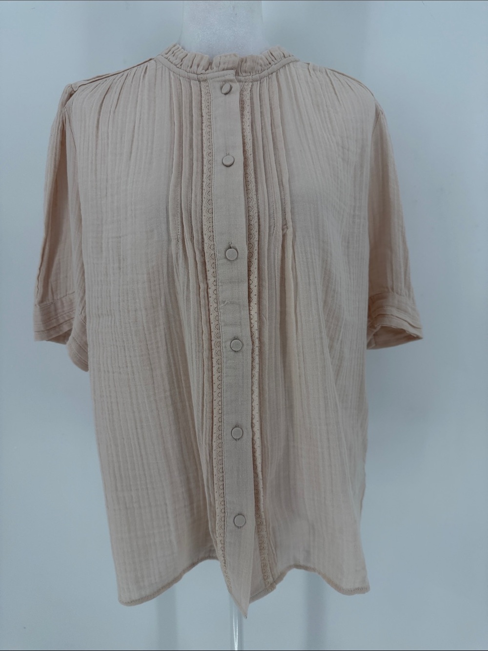Reiss Women’s Cotton Pintuck Lace Trim Blouse Blush Pink Short Sleeve Top